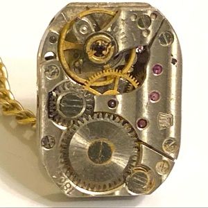 Mens Watch Movement Tie Tack with Gold Chain Clasp Guys Gift Clock Parts Pin